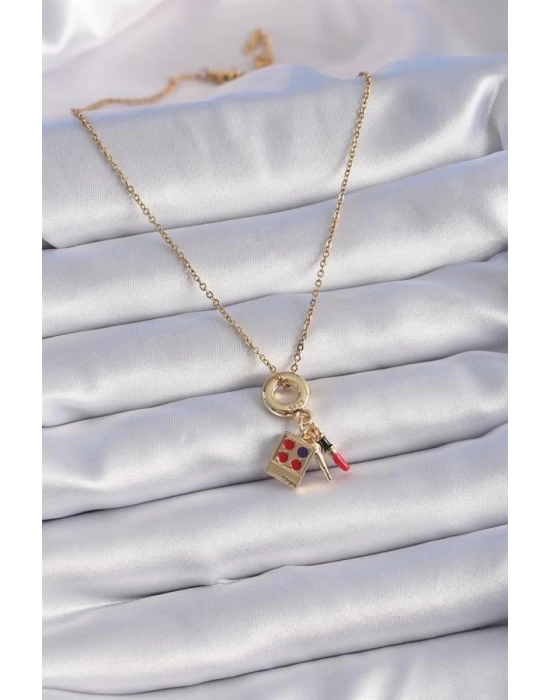 316L Çelik Gold Renk Makyaj Paleti Figür Charm Model Kadın Kolye