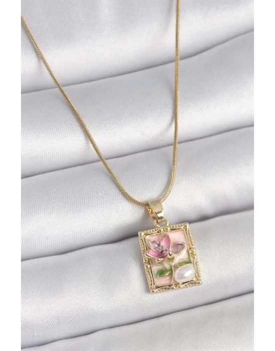 316L Çelik Gold Renk Pembe Mineli Çiçek İşlemeli İnci Detay Portre Model Kadın Kolye