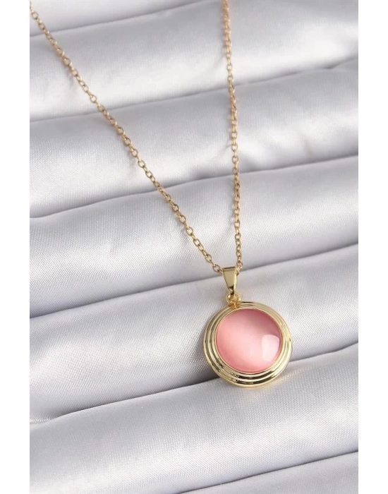316L Çelik Gold Renk Pembe Sedefli Daire Model Kadın Kolye
