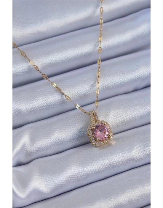 316L Çelik Gold Renk Pembe Zirkon Taş Model Kadın Kolye