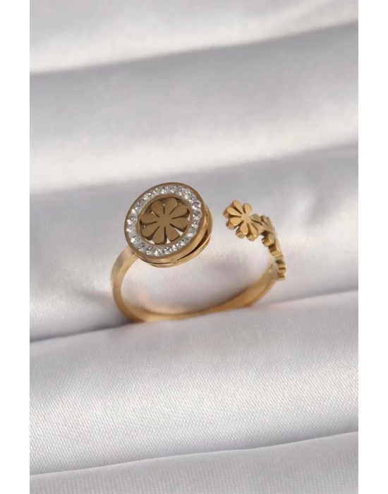 316L Çelik Gold Renk Zirkon Taşlı Papatya Model Kadın Yüzük