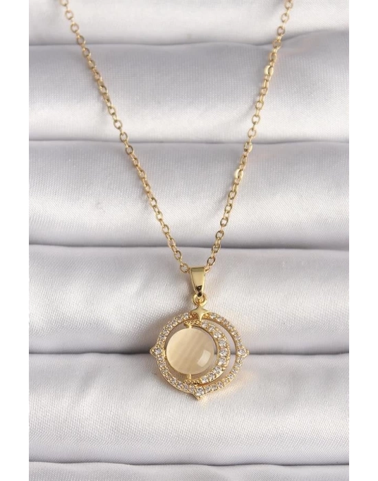 316L Çelik Gold Renk Zirkon Taşlı Sarı Sedefli Hilal Model Kadın Kolye