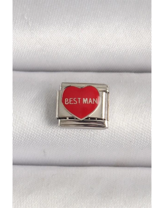 316L Çelik Gümüş Renk Best Man Yazılı Kırmızı Kalp İşlemeli Nomination Charm