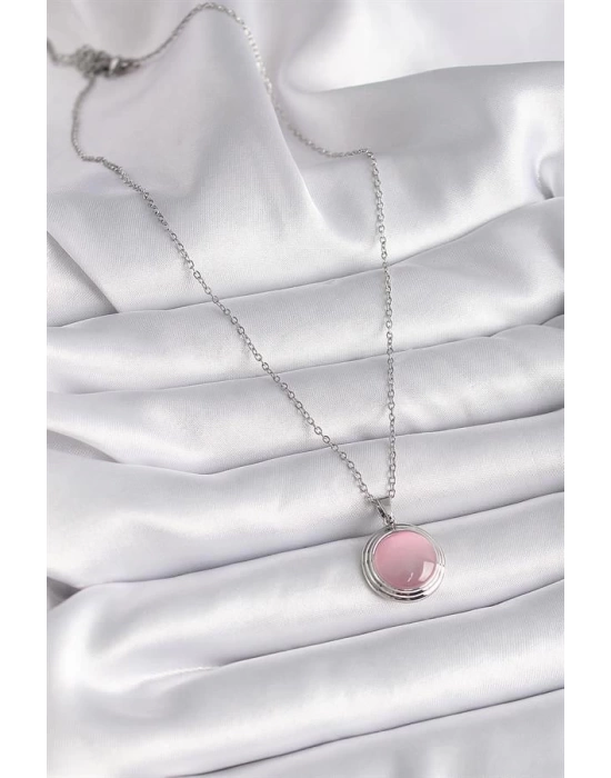 316L Çelik Gümüş Renk Daire Pembe Sedefli Model Kadın Kolye