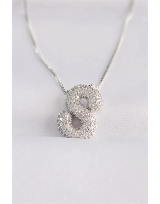 316L Çelik Zincirli Zirkon Taşlı S Harfli Silver Renk Bubble Kolye