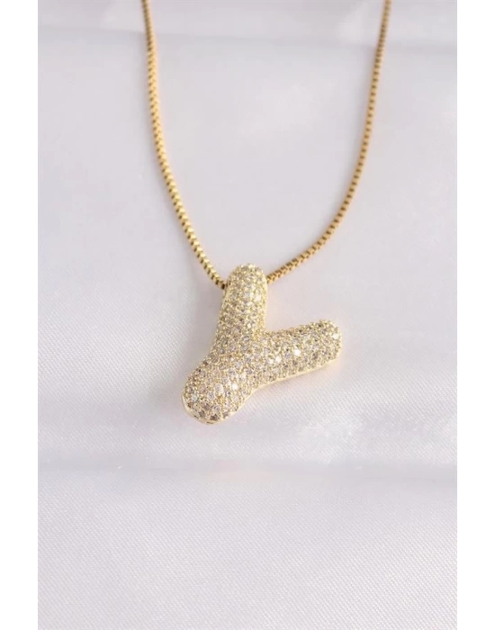 316L Çelik Zincirli Zirkon Taşlı Y Harfli Gold Renk Bubble Kolye