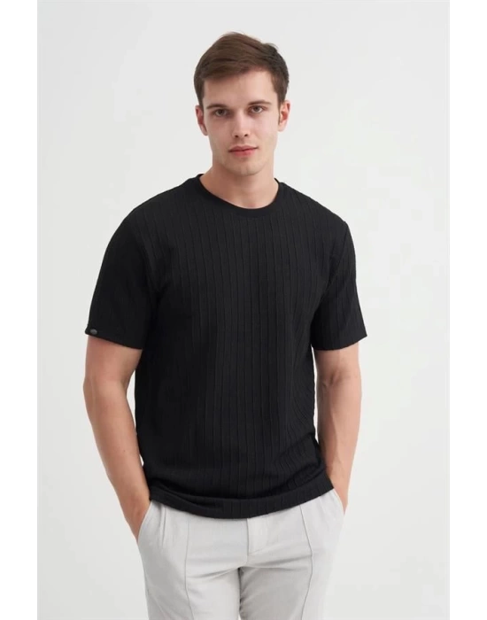 4051 Bisiklet Yaka Desenli Erkek T-Shirt SİYAH