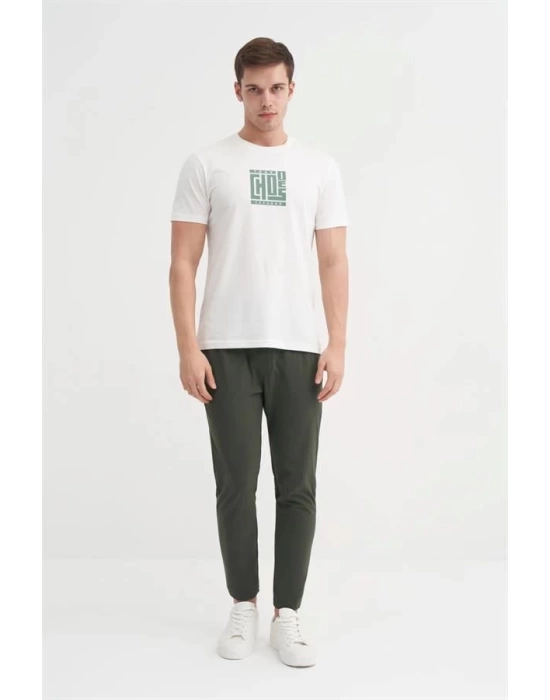 4165 Bisiklet Yaka Baskılı Erkek T-Shirt EKRU