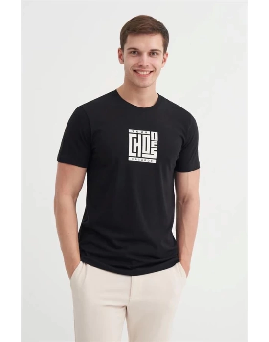 4165 Bisiklet Yaka Baskılı Erkek T-Shirt SİYAH