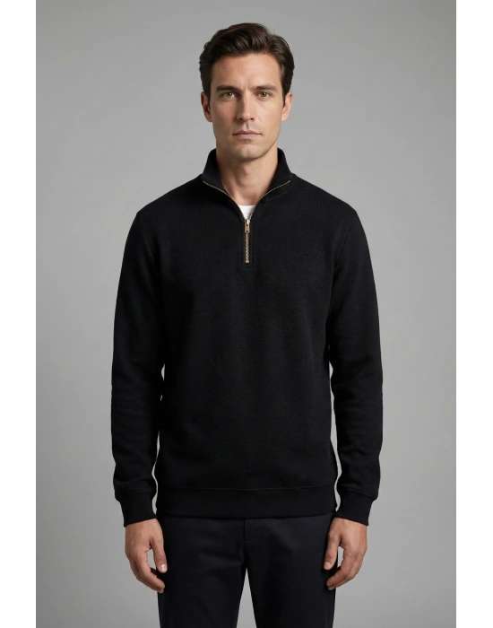 Çakıl Kumaş Yarım Fermuar Dik Yakalı Sweatshirt