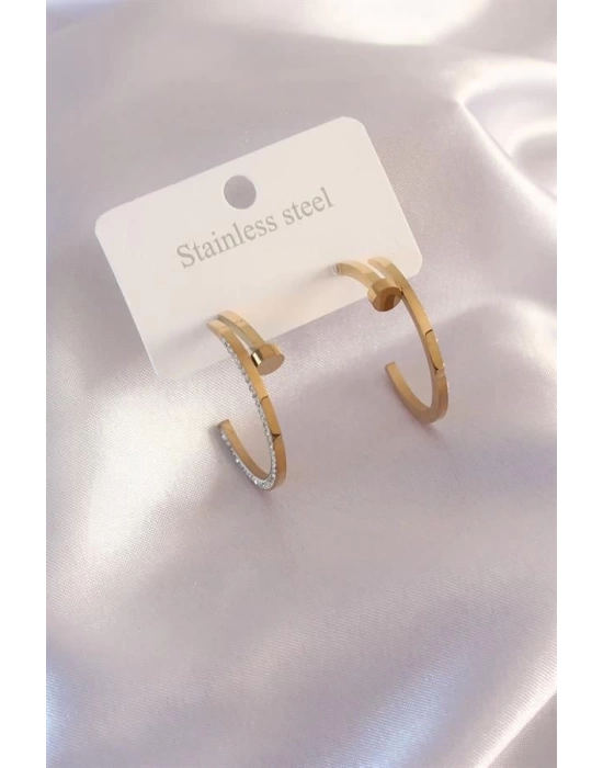 Çelik Gold Renk Zirkon Taş Detay Kadın Küpe
