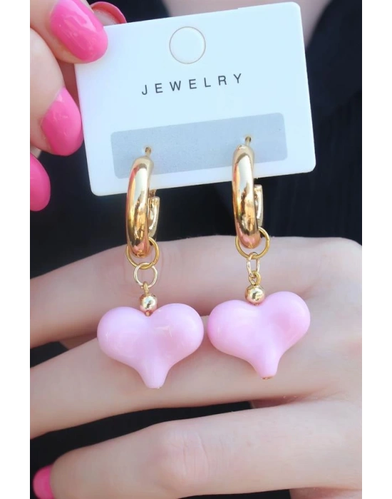 Gold Renk Halka Model Pembe Kalp Model Kadın Küpe