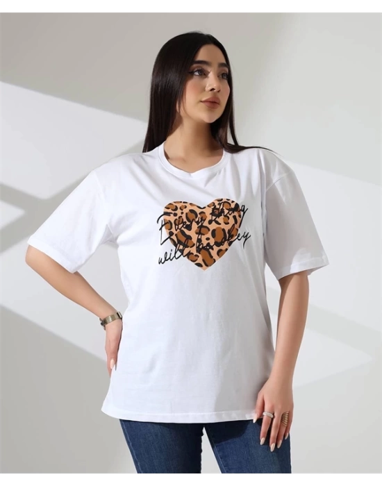Leopar kalp Baskılı Kadın T-Shirt