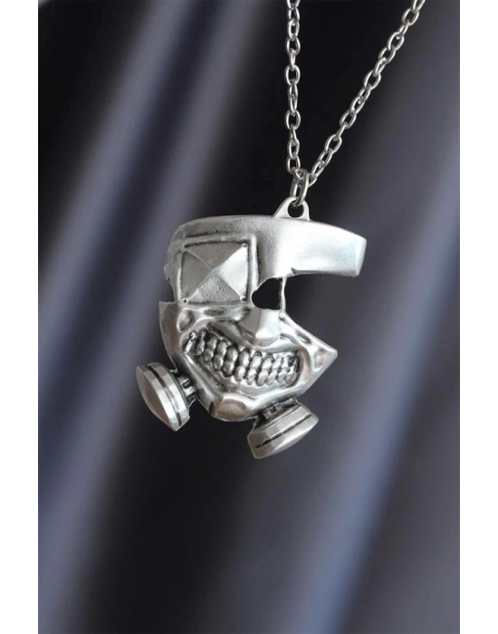 Maske Model Gümüş Renk Metal Zincirli Erkek Kolye