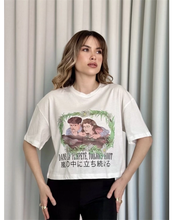 Oversize Beyaz Baskılı Crop Kadın T-Shirt