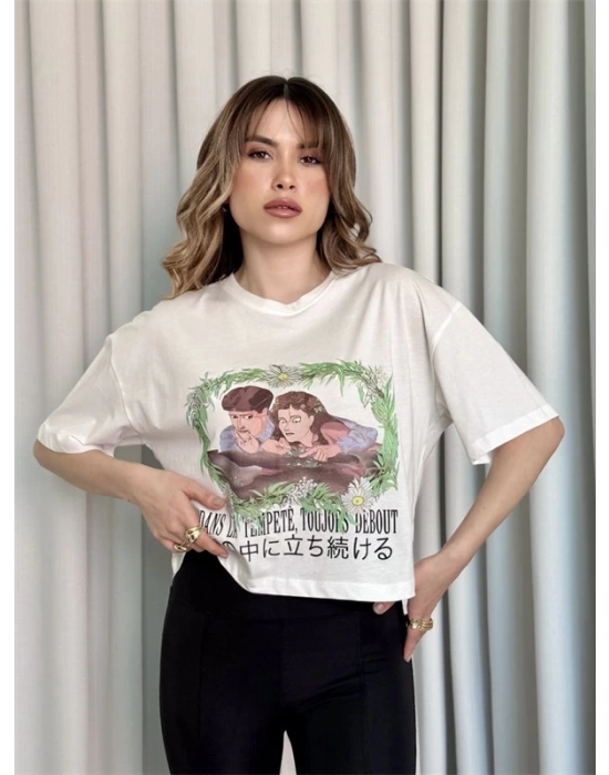 Oversize Beyaz Baskılı Crop Kadın T-Shirt