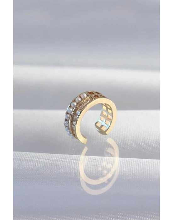 Pirinç Gold Renk İncili Baget Taşlı Earcuff Küpe