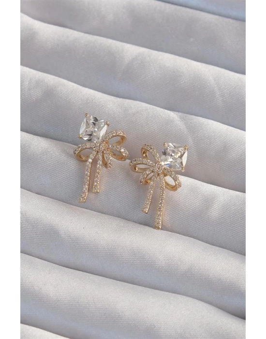 Pirinç Gold Renk Kare Zirkon Taşlı Fiyonk Küpe