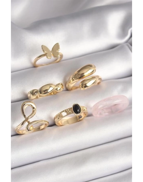 Pirinç Gold Renk Kelebek Figür Sarmal Model 6Lı Kadın Yüzük Seti