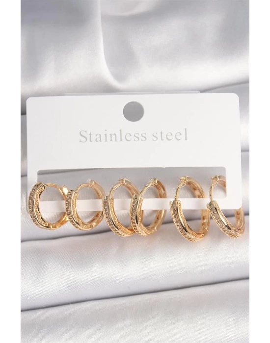 Pirinç Gold Renk Zirkon Taşlı 3 Çift Daire Model Kadın Küpe