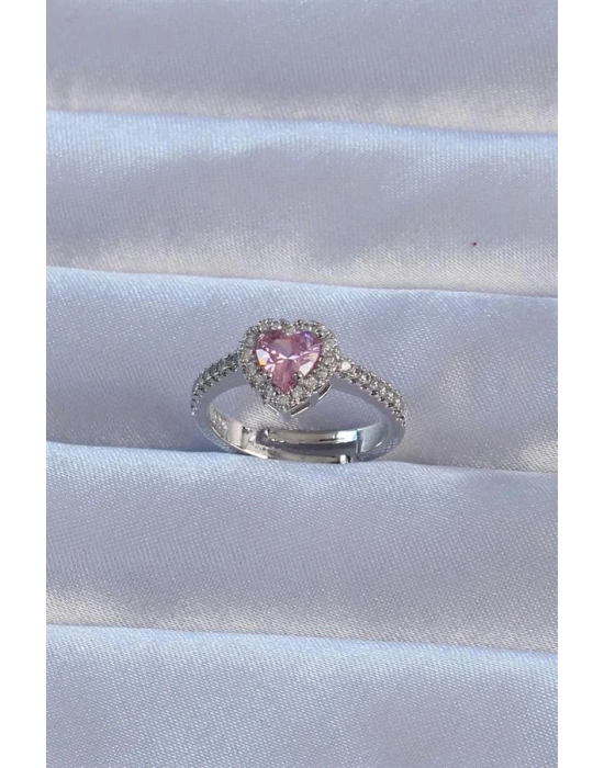 Pirinç Gümüş Renk Pembe Zirkon Taşlı Ayarlanabilir Charm Yüzük