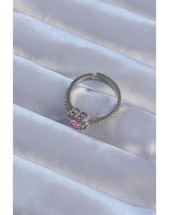 Pirinç Gümüş Renk Pembe Zirkon Taşlı Ayarlanabilir Charm Yüzük