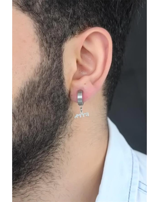 Silver Renk Kaplama Göktürkçe Yazı Figürlü Çelik Kıstırmalı Erkek Küpe