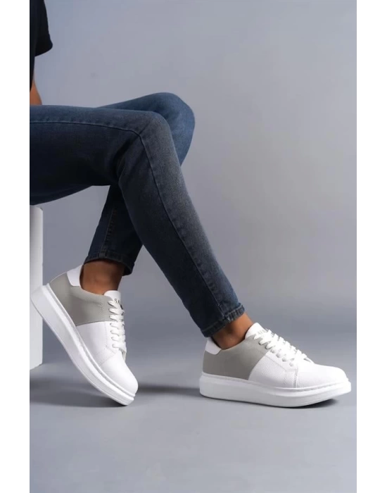 SLW151 Boost Bağcıklı Cilt Süet Erkek Günlük Sneaker Ayakkabı BT - Beyaz/Gri