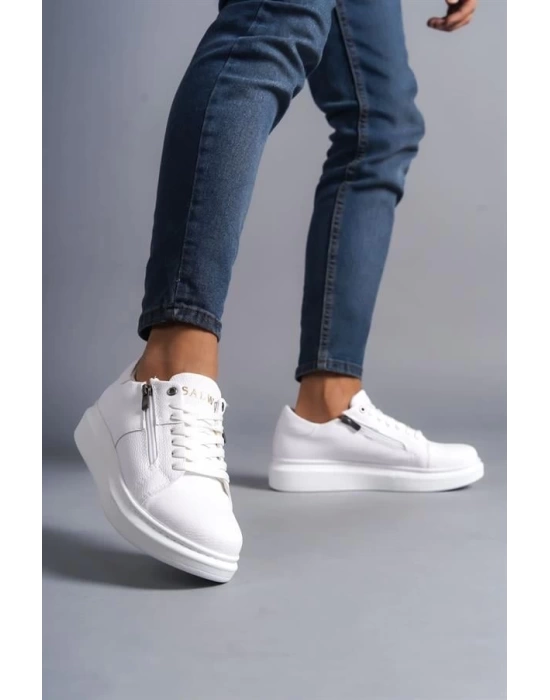 SLW155 Warrior Bağcıklı ve Fermuarlı Cilt Erkek Günlük Sneaker Ayakkabı BT - Beyaz