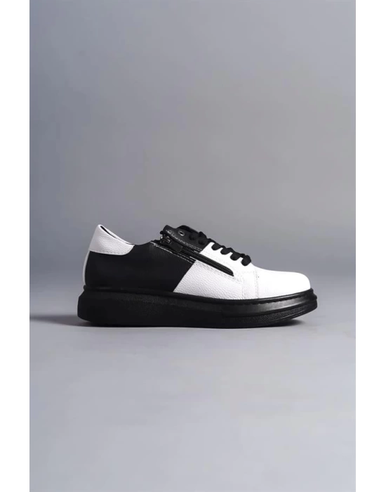 SLW155 Warrior Bağcıklı ve Fermuarlı Cilt Erkek Günlük Sneaker Ayakkabı ST - Siyah/Beyaz
