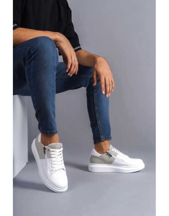 SLW155 Warrior Bağcıklı ve Fermuarlı Cilt Süet Erkek Günlük Sneaker Ayakkabı BT - Beyaz/Gri