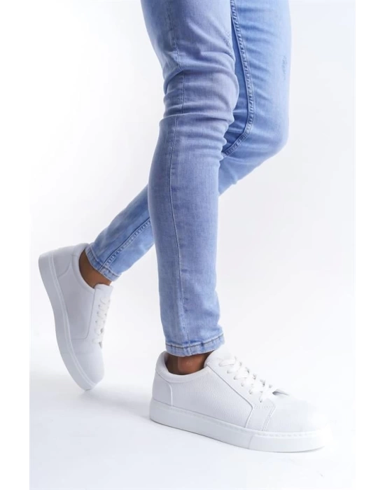 SLW165 Elite Bağcıklı Cilt Erkek Günlük Sneaker Ayakkabı BT - Beyaz
