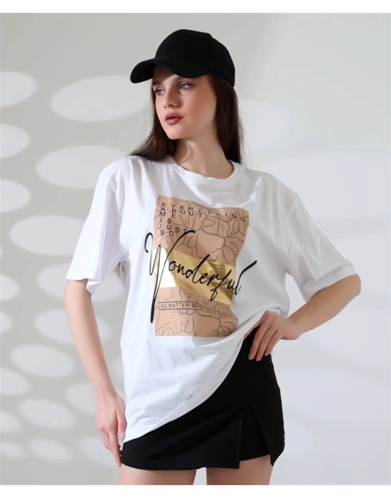 Varak Baskılı imza desen Kadın T-Shirt