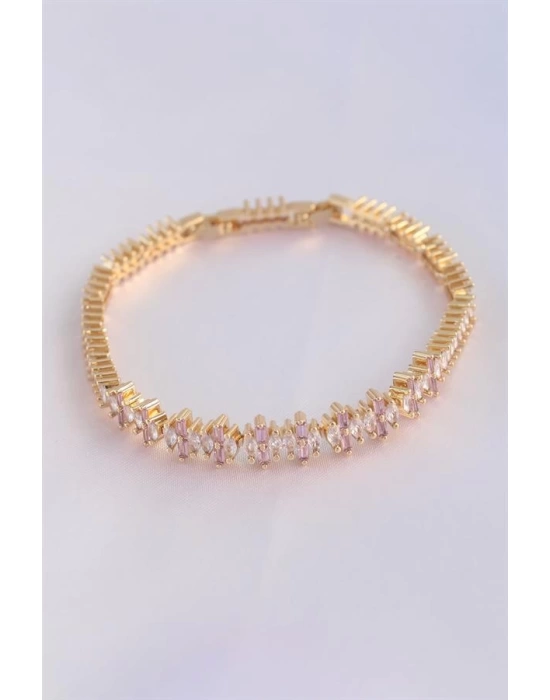 Vip Seri Pirinç Pembe Zirkon Taşlı Gold Renk Baget Model Bileklik