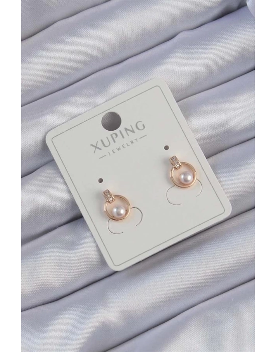 Xuping Rose Renk Zirkon Taşlı İncili Minimal Oval Küpe