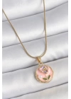 316L Çelik Gold Renk Zincir Pembe Minimal Çiçek İşlemeli İnci Detay Portre Model Kadın Kolye