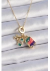 316L Çelik Gold Renk Zirkon Taşlı Uçak Bavul Figür Charm Model Kadın Kolye