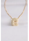 316L Çelik Zincirli Zirkon Taşlı C Harfli Gold Renk Bubble Kolye
