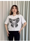 Oversize Beyaz Baskılı Crop Kadın T-Shirt