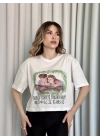 Oversize Beyaz Baskılı Crop Kadın T-Shirt