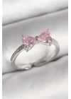 Pirinç Gümüş Renk Pembe Zirkon Taşlı Kalp Fiyonk Model Kadın Yüzük