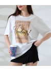 Varak Baskılı imza desen Kadın T-Shirt