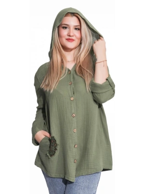 125006 Müslin Kumaş Kapşonlu Kadın Gömlek Haki