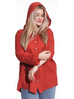 125006 Müslin Kumaş Kapşonlu Kadın Gömlek Kiremit