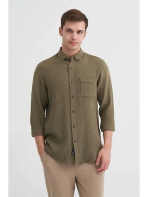 2024 Uzun Kollu Müslin Kumaş Erkek Gömlek Haki