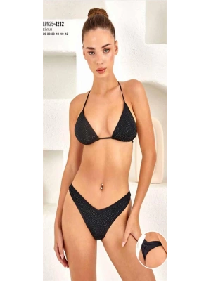254212 Taş Baskılı Brazillian Kesim Üçgen Bikini Takımı Siyah