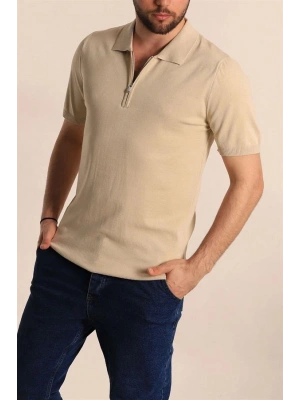 2570 Fermuarlı Polo Yaka Merselize Kumaş Kolu Ve Beli Lastikli Erkek TShirt Taş