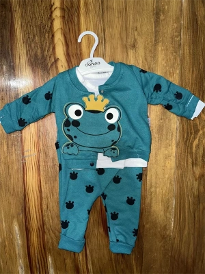 3-12 Aylık Kurbağa Desenli Üçlü Takım Koyumavi