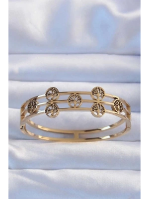 316L Çelik Altın Renk Minimal Yaşam Ağacı Tasarımlı Kelepçe