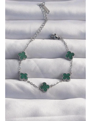 316L Çelik Baby Boy Gümüş Renk Çizgili Yeşil Mineli Yonca Bileklik